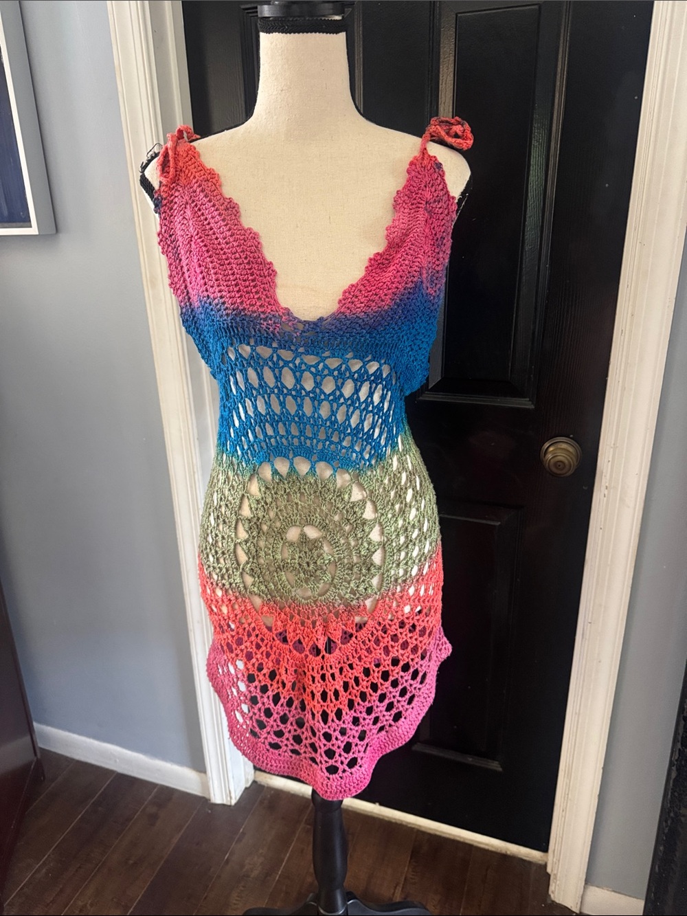 Handcrafted Multicolor Crochet Swim Coverup — Pink, Blue & Green